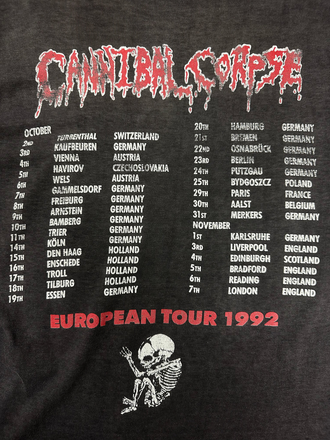 Cannibal Corpse 1992 European Tour Vintage T-Shirt